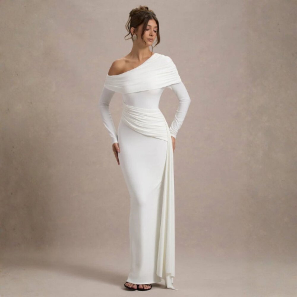 White Ruched Asymmetric Maxi Dress With Drape